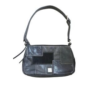 Franco Sarto Patchwork Leather Shoulder Bag Black Gray Suede Y2K